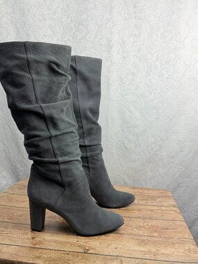 Nine West Womens 9 Gray Slouch Boots Tall Block Heel Knee High Boho Office Siren